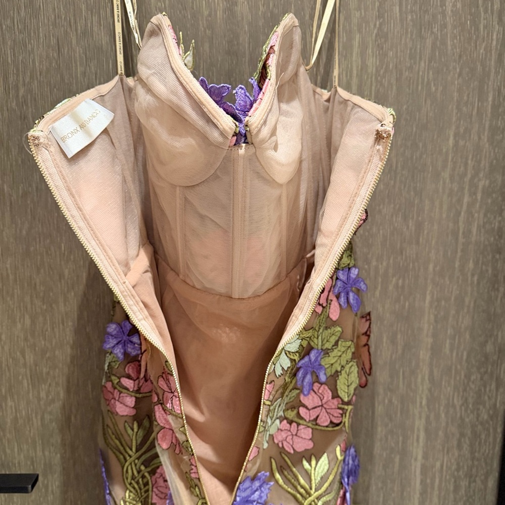Bronx and Banco Strapless Floral Appliqué Midi Dress in Pink, Purple & Green - Picture 10 of 16